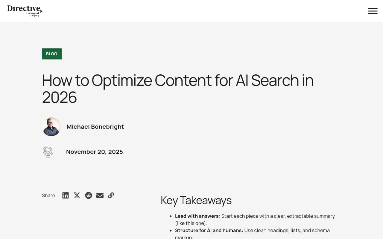 How to Optimize Content for AI Search in 2026 - Directive Consulting guide showing the comparison between traditional SEO and AI search optimization goals
