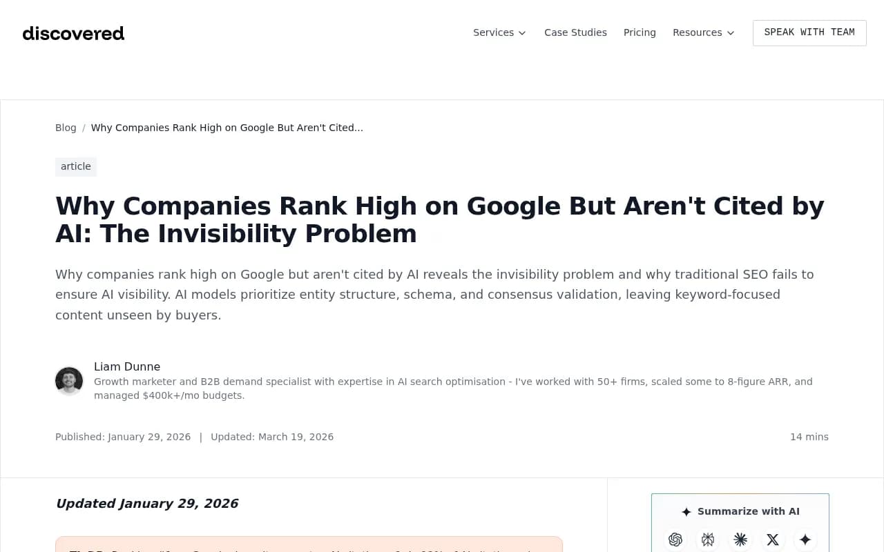 Why Companies Rank High on Google But Aren't Cited by AI: The Invisibility Problem