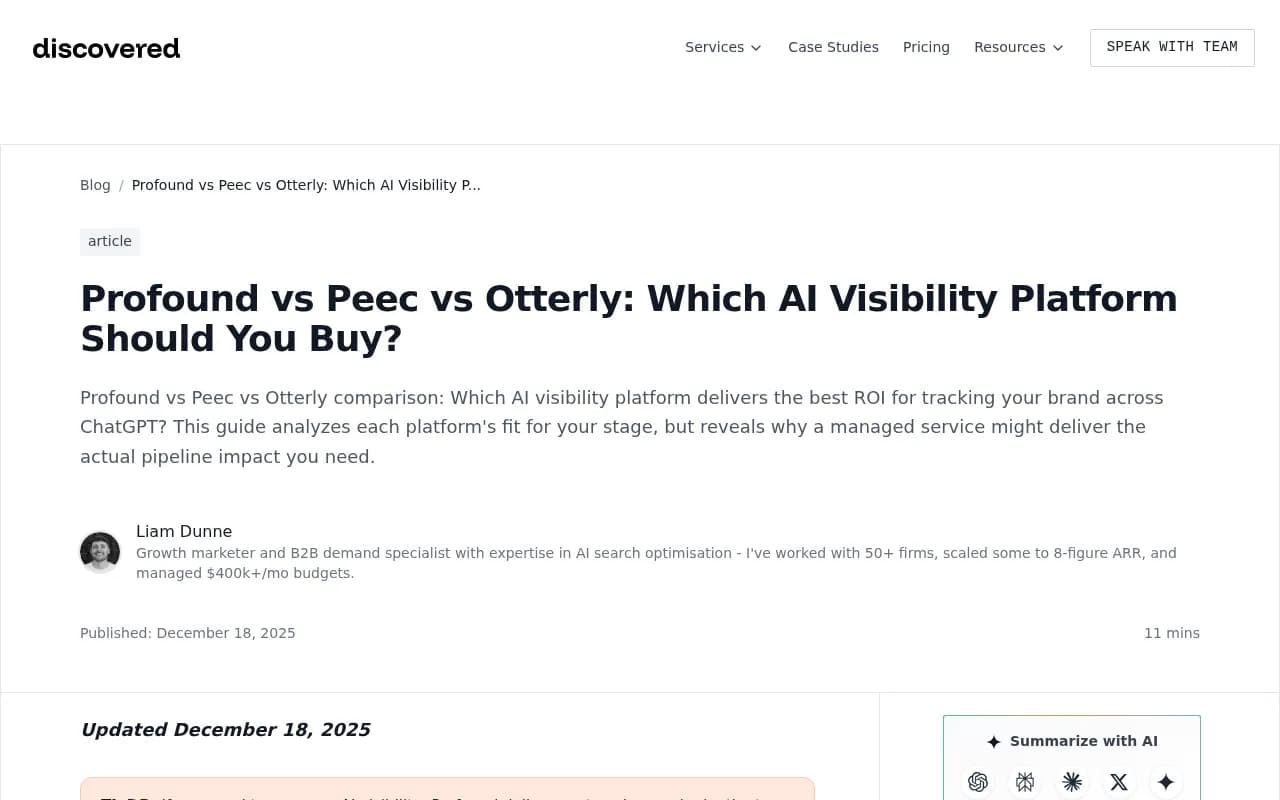 Comparison of AI visibility platforms including Profound, Peec AI, and Otterly