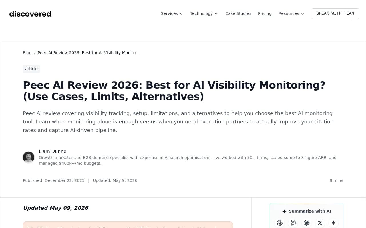 Peec AI review from Discovered Labs covering visibility tracking, setup, limitations, and alternatives