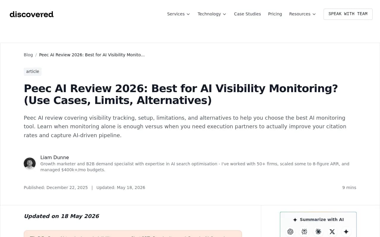 Peec AI review covering visibility tracking, setup, limitations, and alternatives
