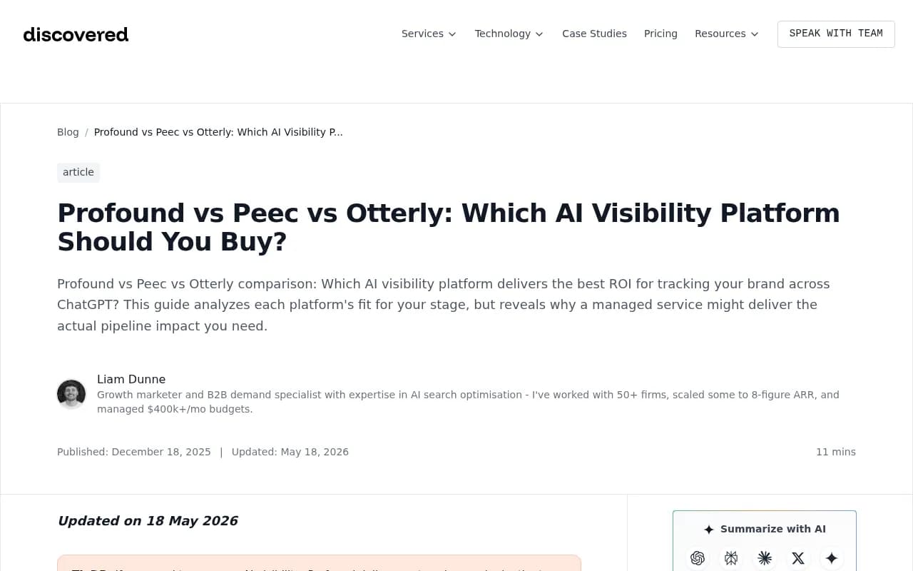 Comparison of AI visibility platforms including Profound, Peec AI, and Otterly