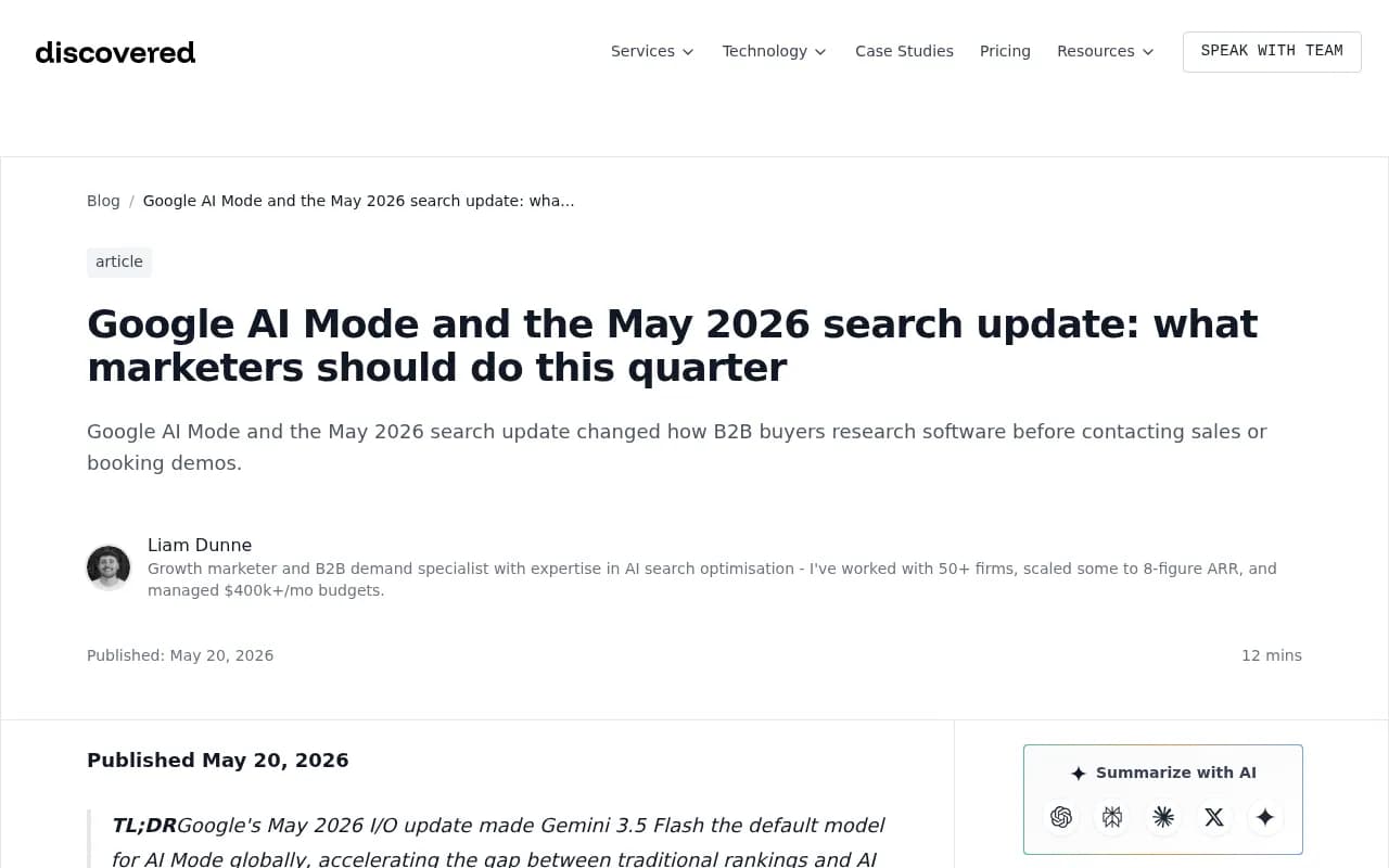 Google AI Mode and the May 2026 search update analysis from Discovered Labs