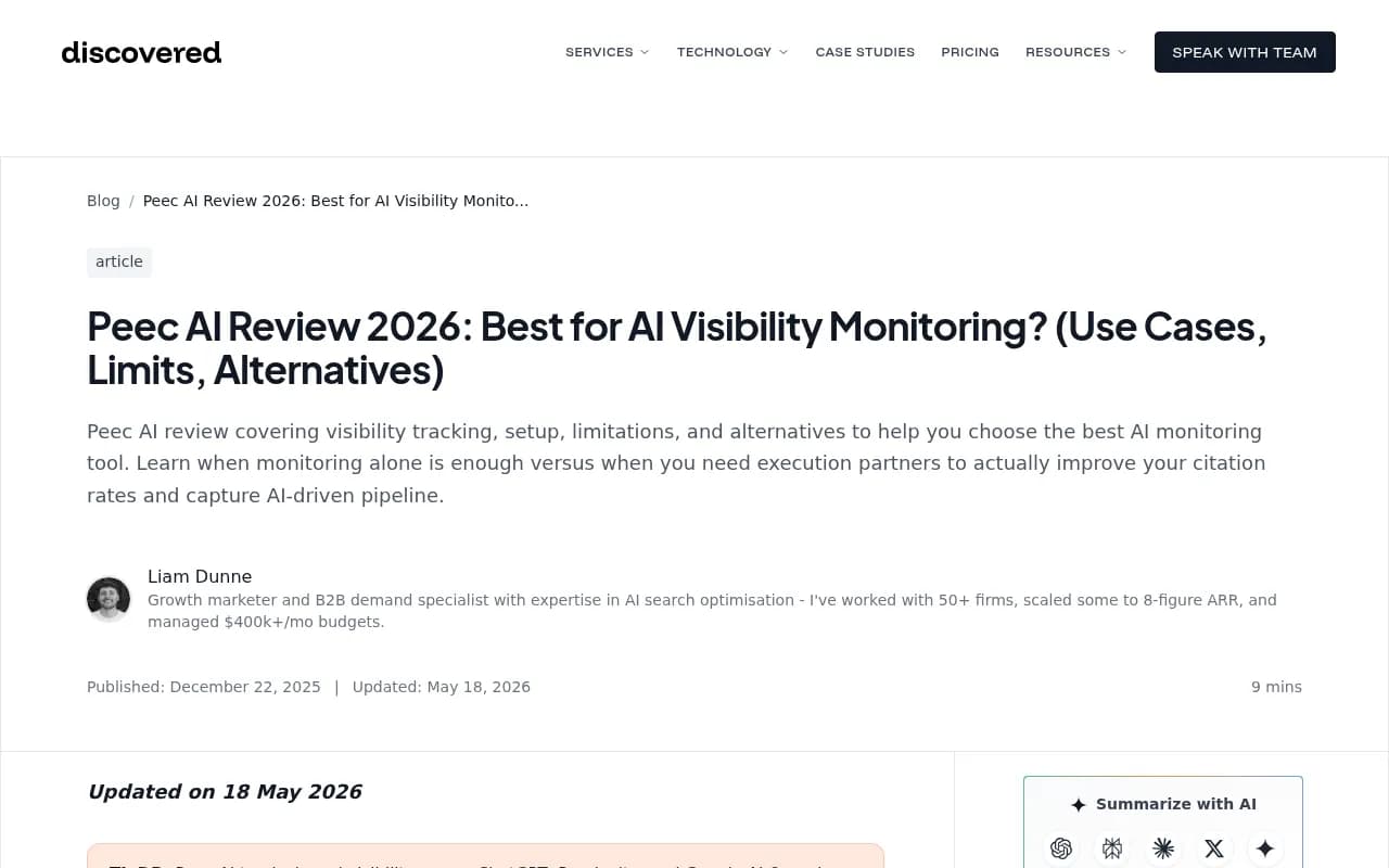 Peec AI review covering visibility tracking, setup, limitations, and alternatives