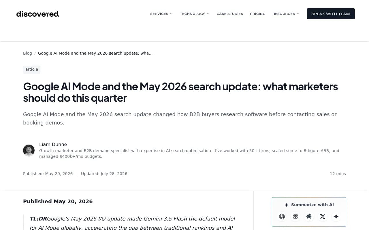 Screenshot of the Discovered Labs guide to the Google AI Mode May 2026 search update, covering how Gemini 3.5 Flash changed retrieval for B2B content