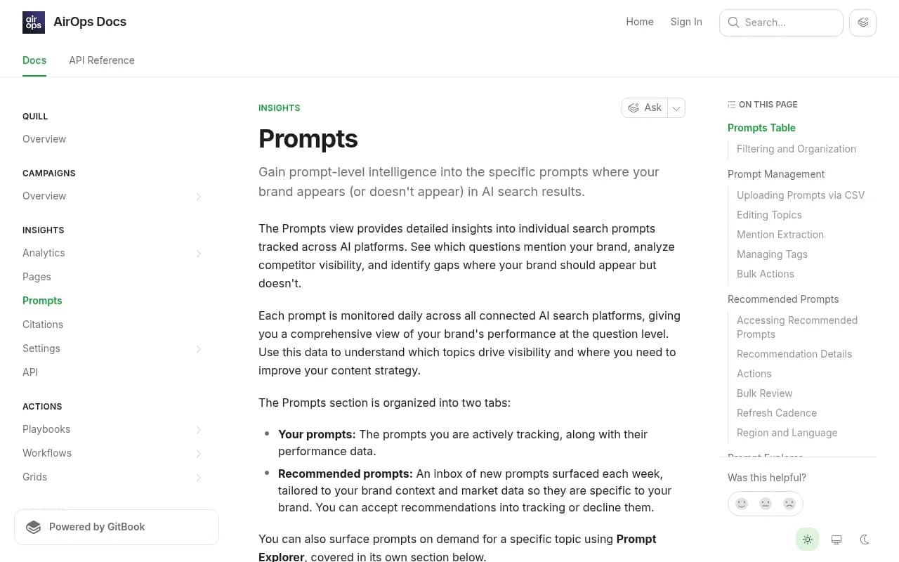 AirOps Prompts documentation showing the prompt tracking interface with mention rate and citation rate columns