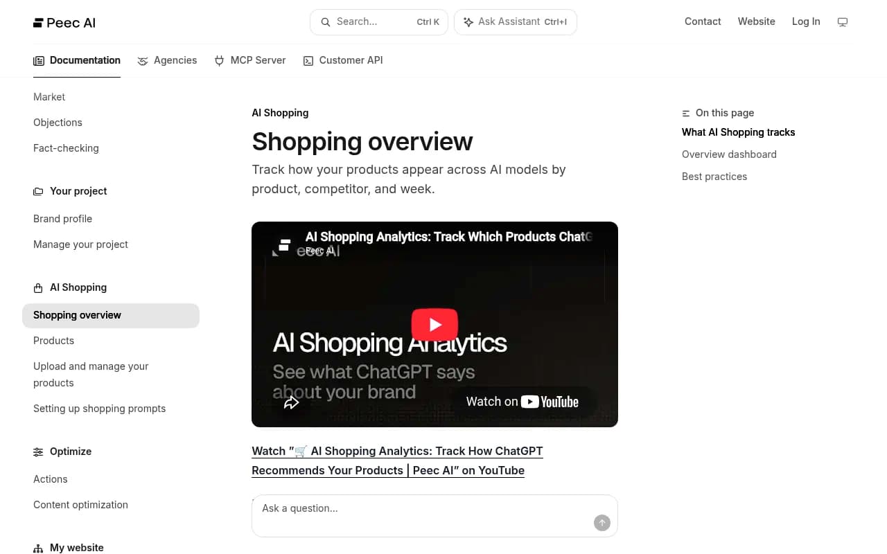 Peec AI shopping overview documentation