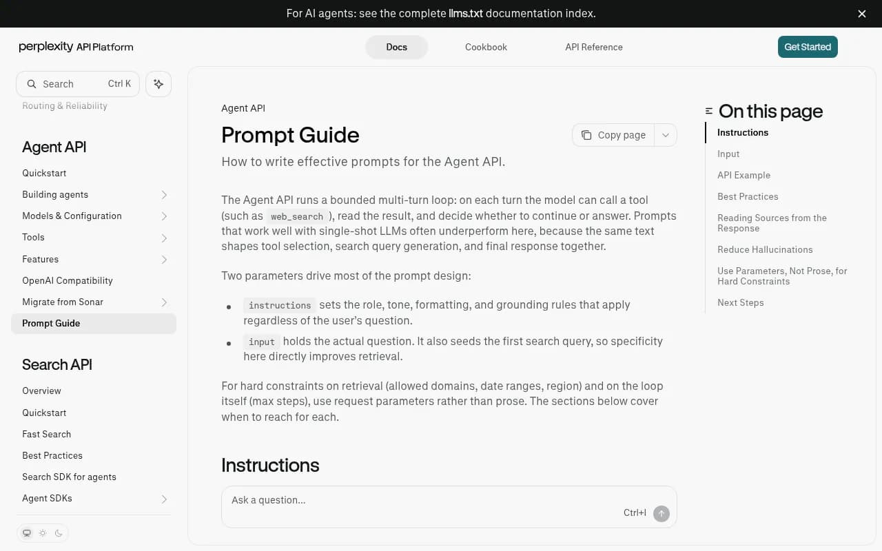 Perplexity Agent API prompt guide showing instructions, input and web_search filters