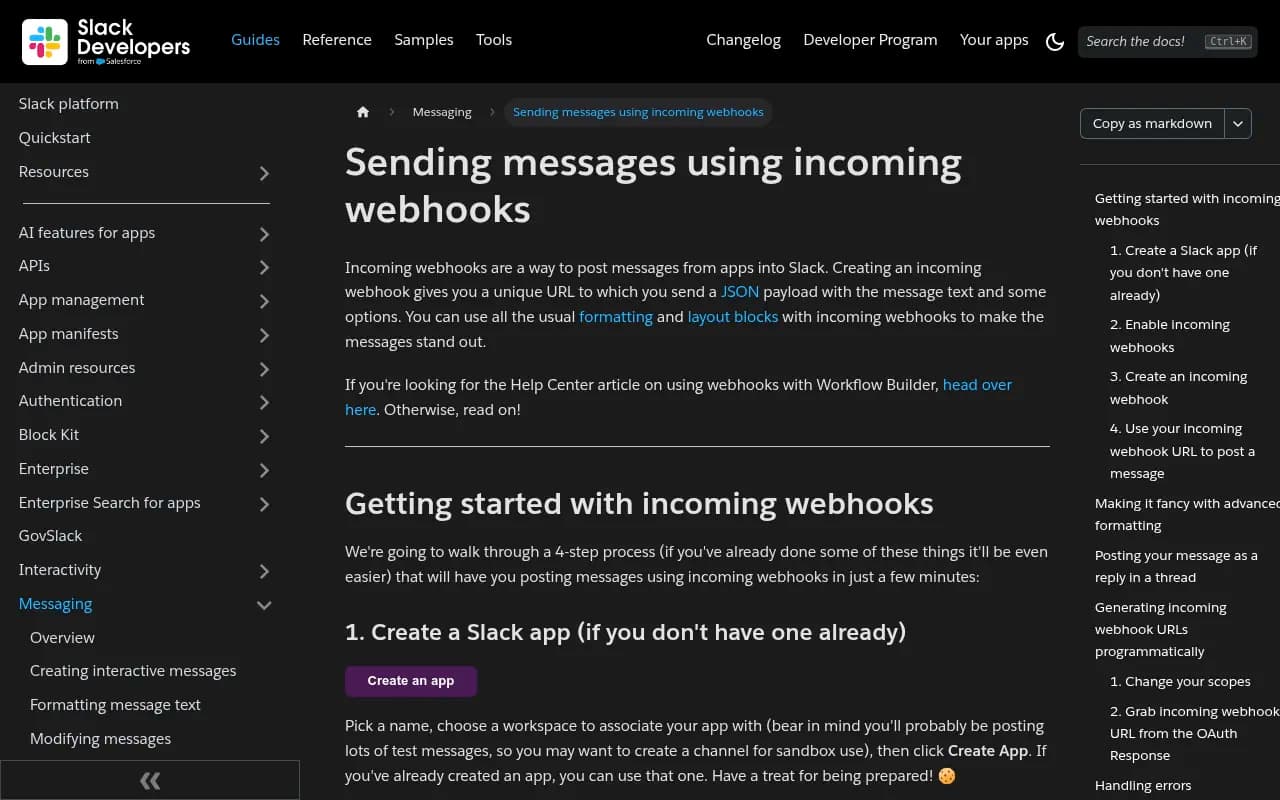 Slack incoming webhooks documentation showing the setup process for posting messages from apps