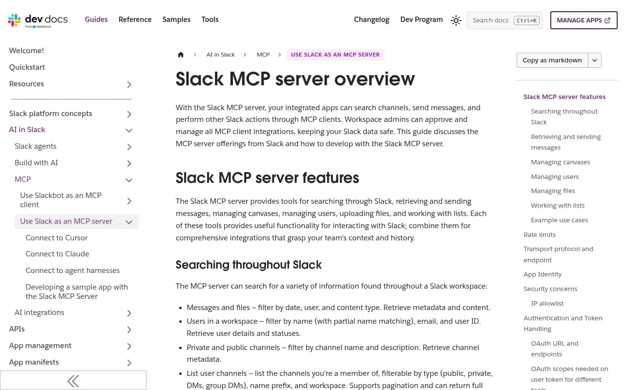 Slack's official MCP server documentation page showing the server's feature list