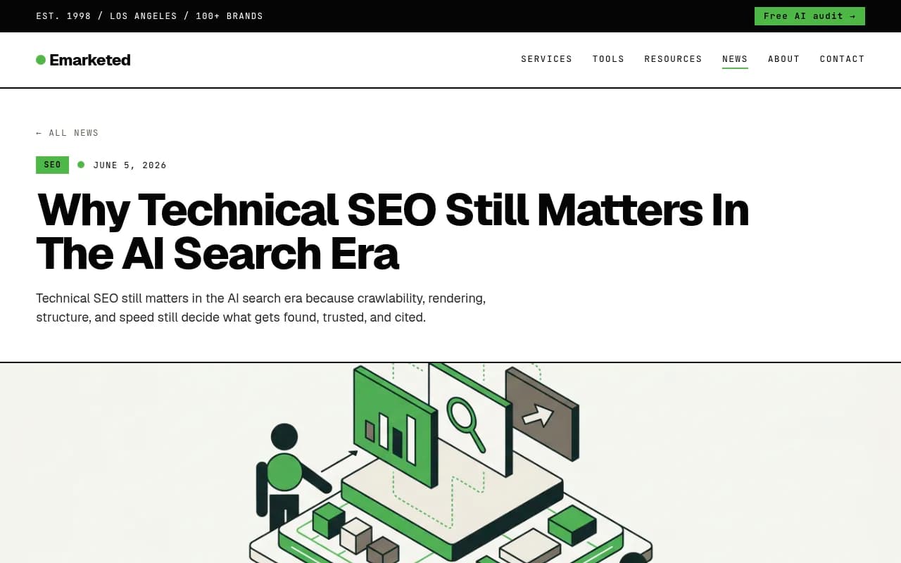 Why technical SEO still matters in the AI search era -- Emarketed's 2026 breakdown of crawlability, rendering, and AI citation requirements