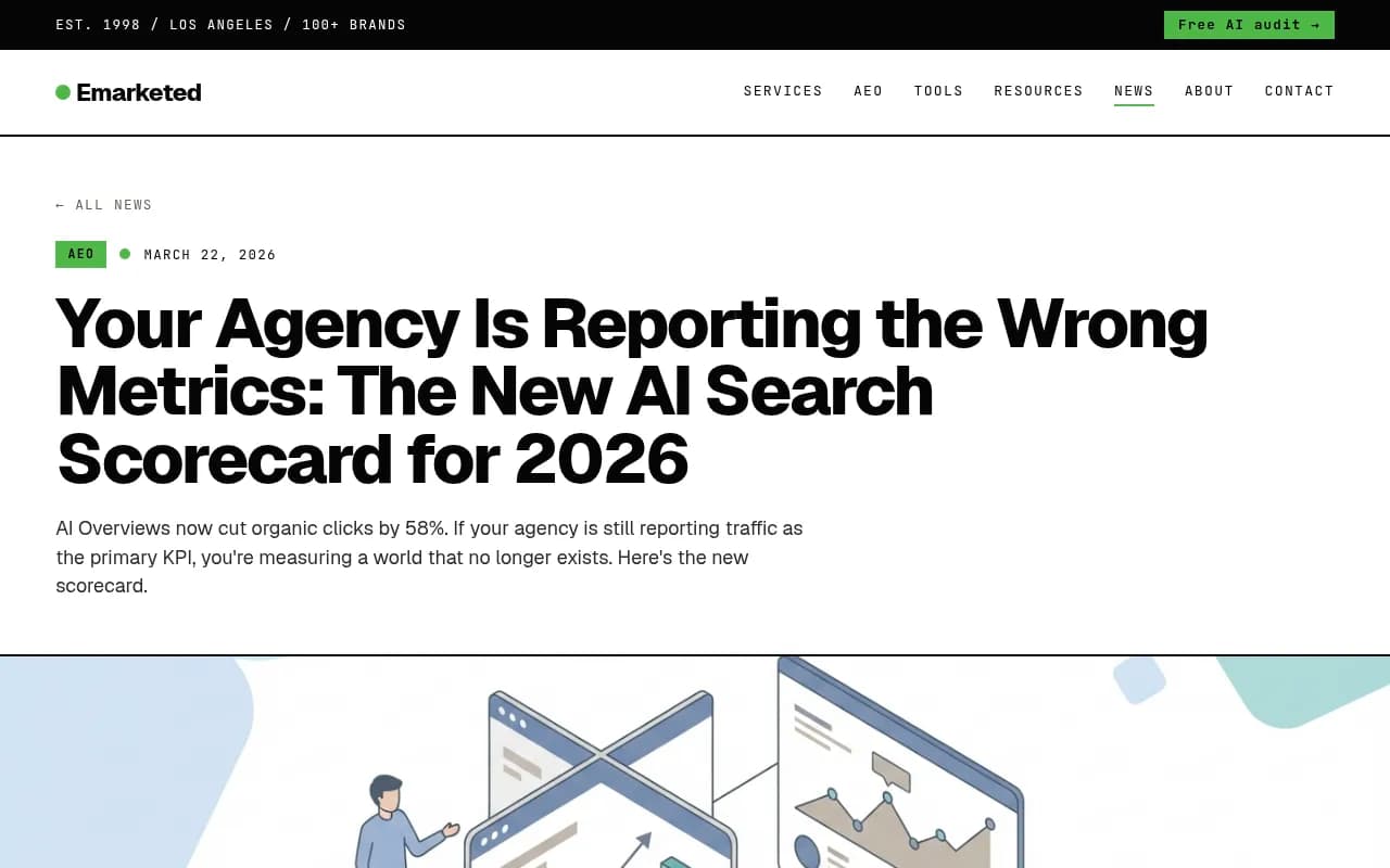 Emarketed's AI search scorecard article, which argues agencies should report citation rate, share of model and bottom-funnel AI referrals