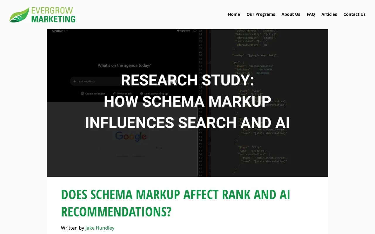 Evergrow Marketing study on how LocalBusiness schema affects rank and LLM recommendations