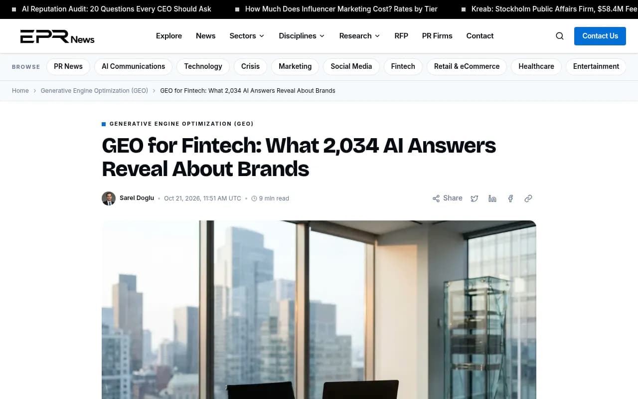 Everything PR's write-up of a 2,034-answer fintech GEO study, separating appearance rate from citation rate