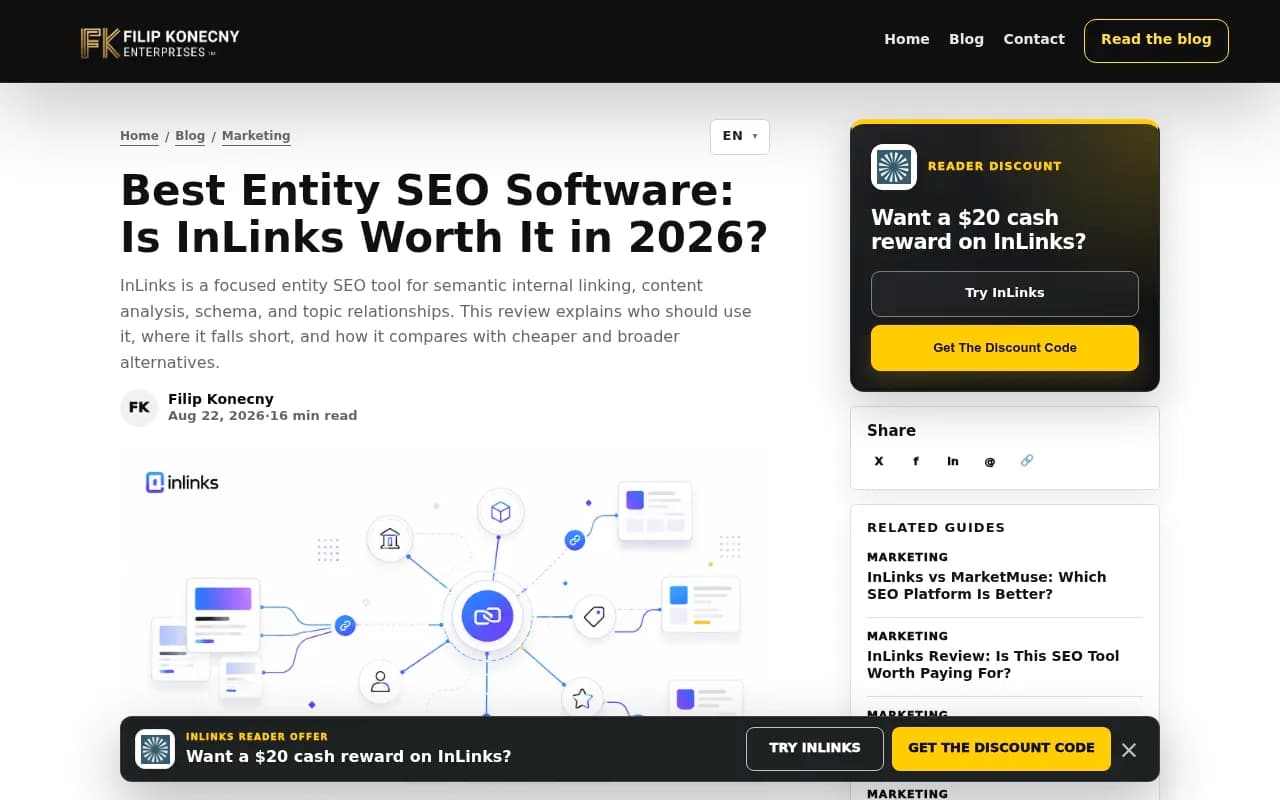 Entity SEO software review page covering InLinks features and quick verdict