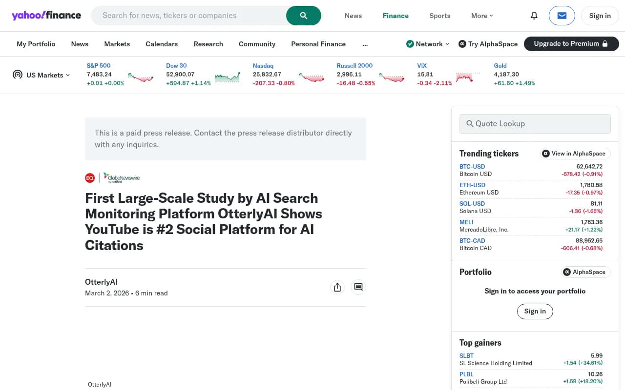 OtterlyAI's YouTube citation study findings on Yahoo Finance