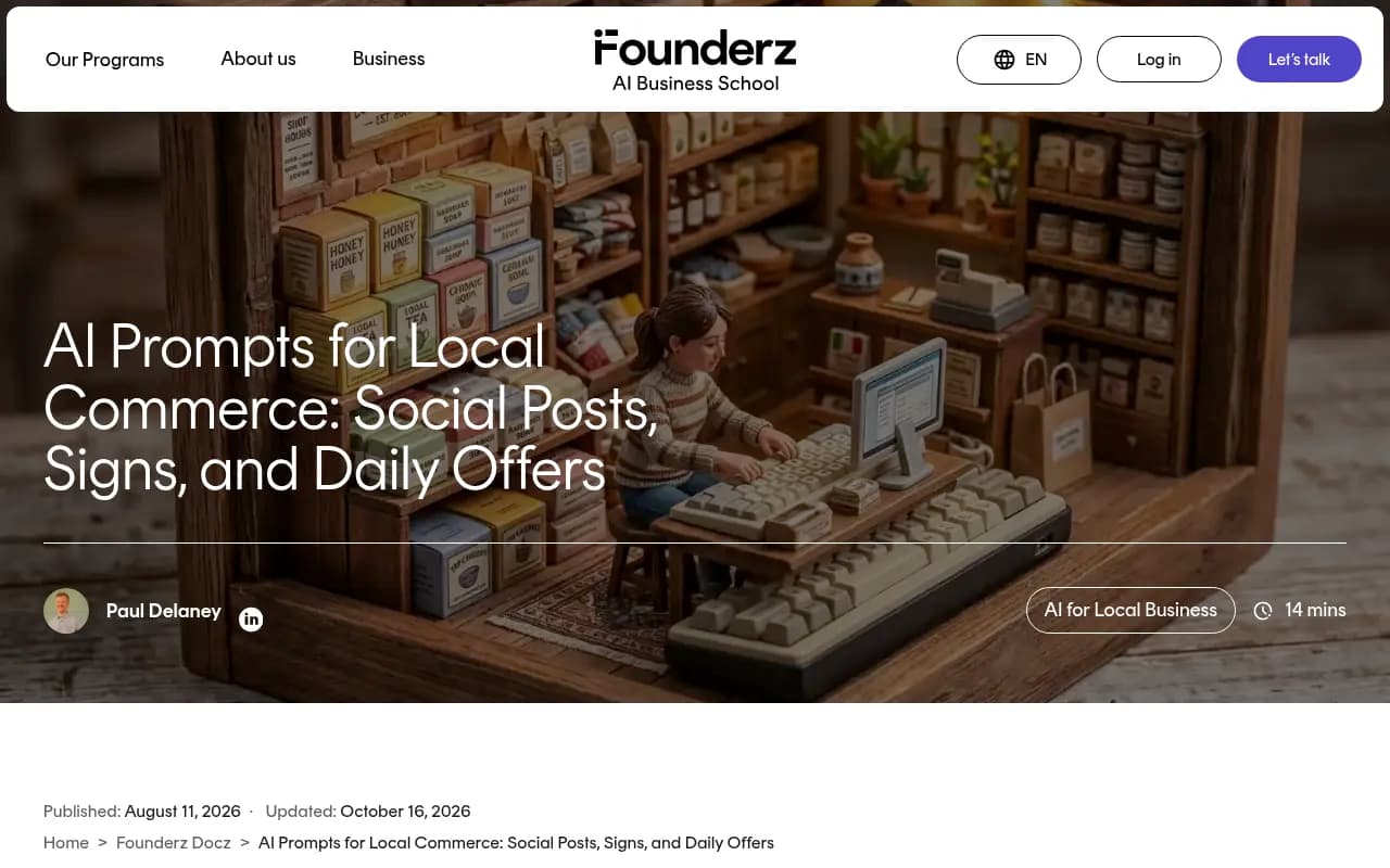 Founderz guide on AI prompts for local commerce, covering context, tone and call to action in content prompts