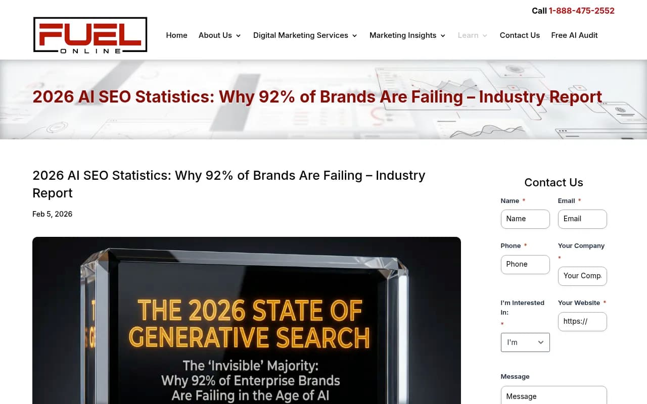 2026 AI SEO Statistics report from Fuel Online showing the scale of brand invisibility in AI search