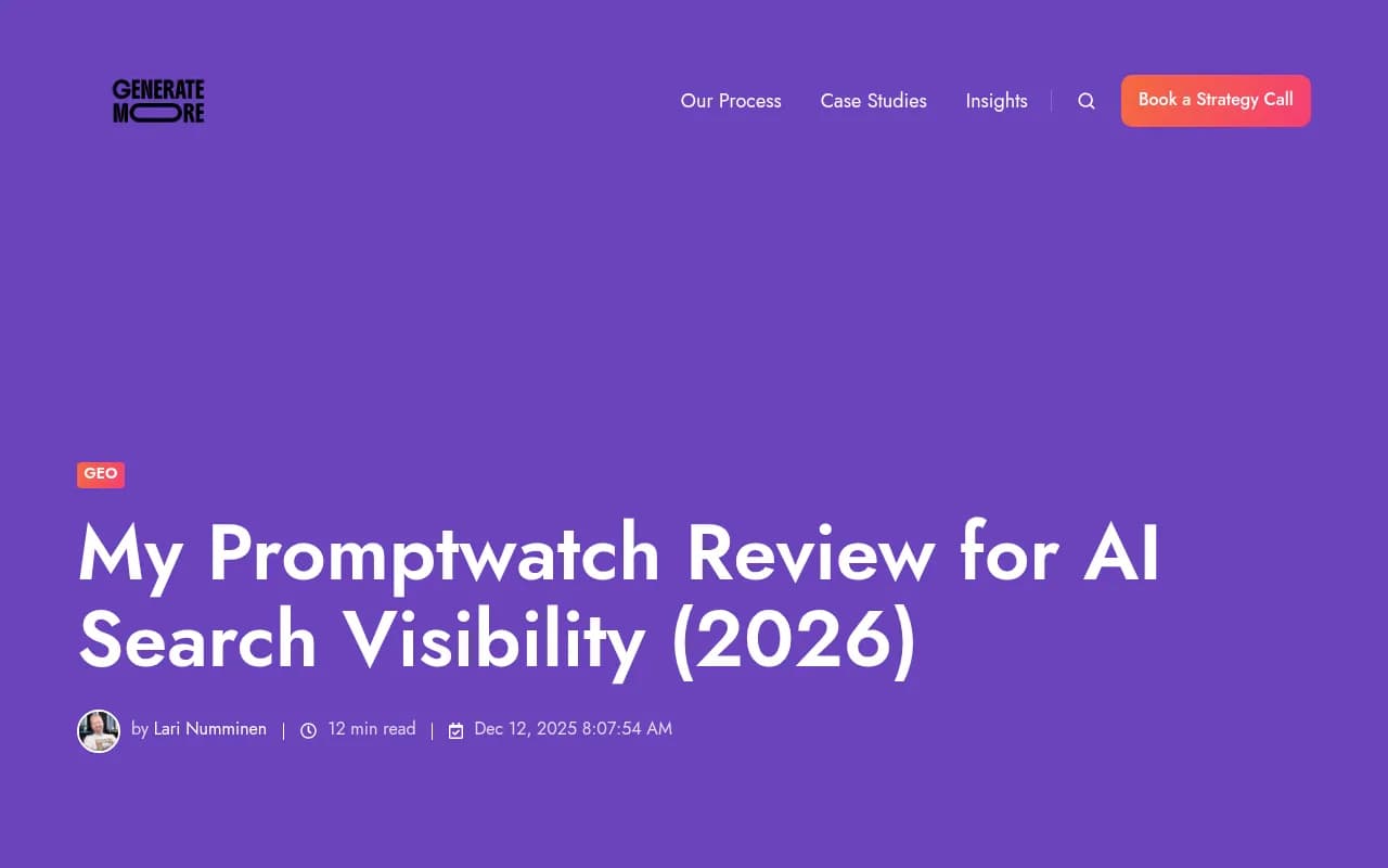 Promptwatch AI search visibility review showing feature ratings and comparison data