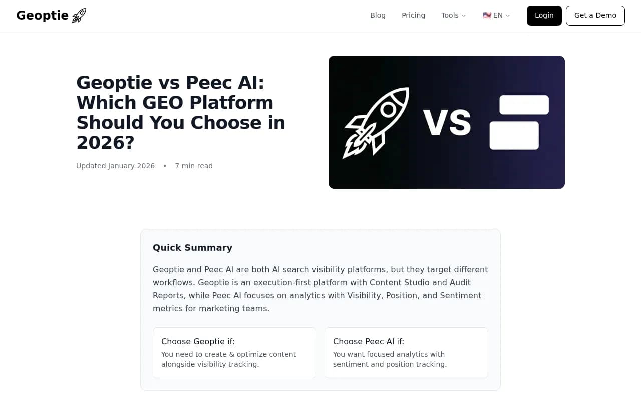 Geoptie vs Peec AI comparison page showing feature matrix and positioning