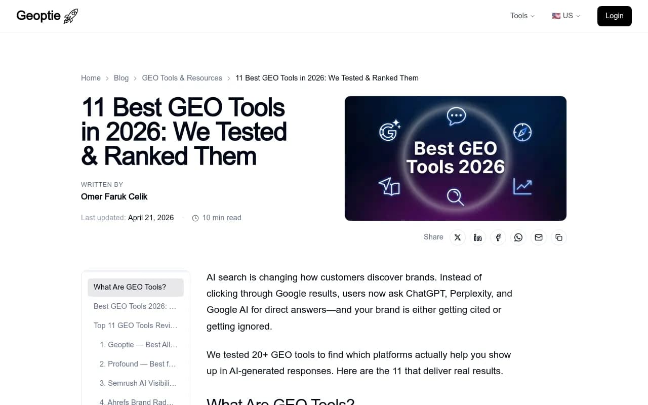 Geoptie dashboard showing AI search visibility metrics and brand monitoring analytics