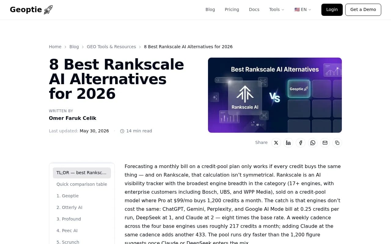 Geoptie's Rankscale alternatives article, which explains Rankscale's per-engine credit weighting