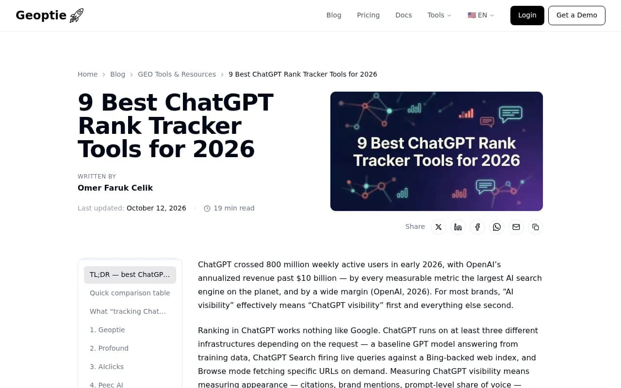 Geoptie's roundup of nine ChatGPT rank trackers, with a comparison table of engines covered and starting prices