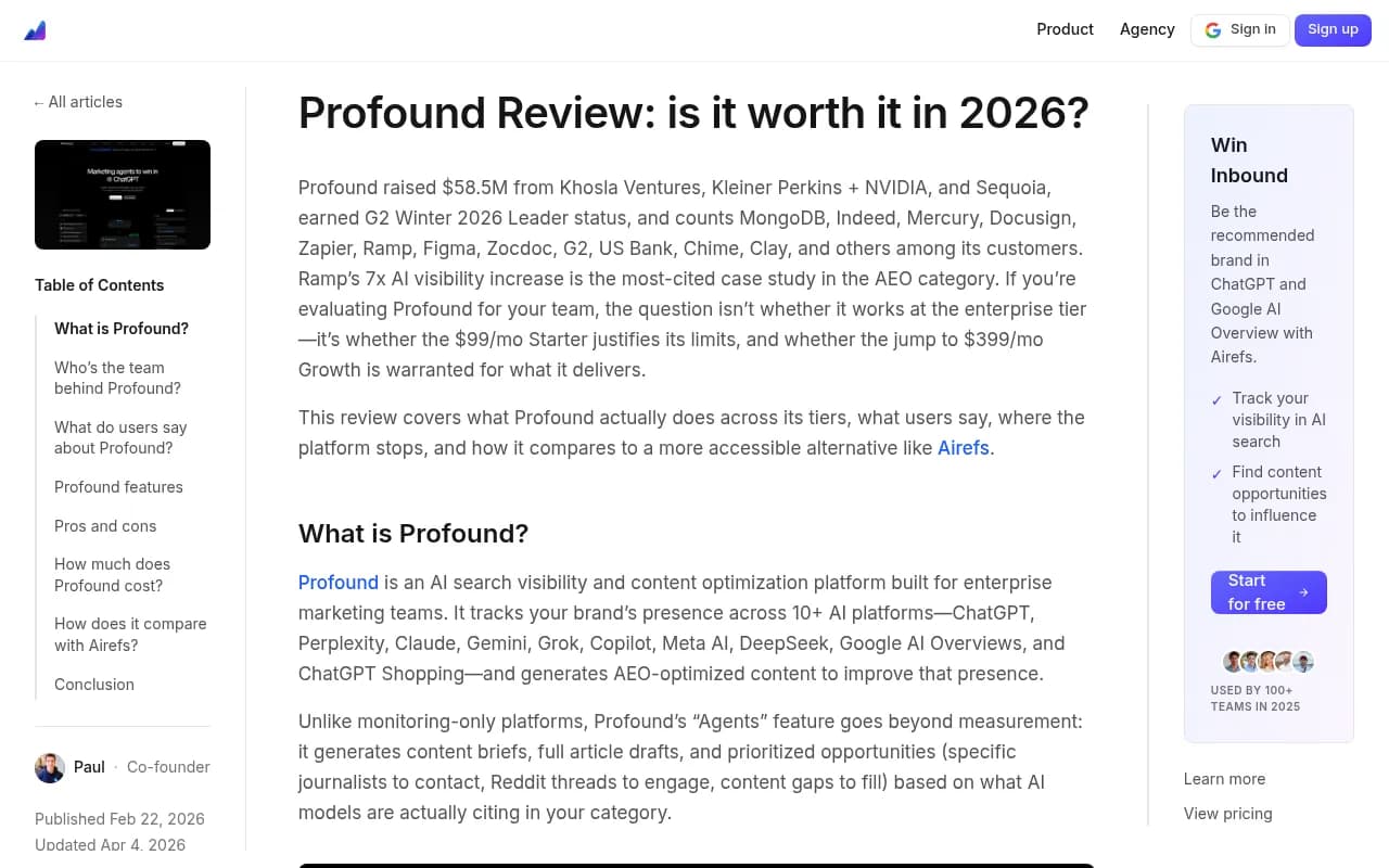 Profound review from Airefs showing dashboard and tier comparison