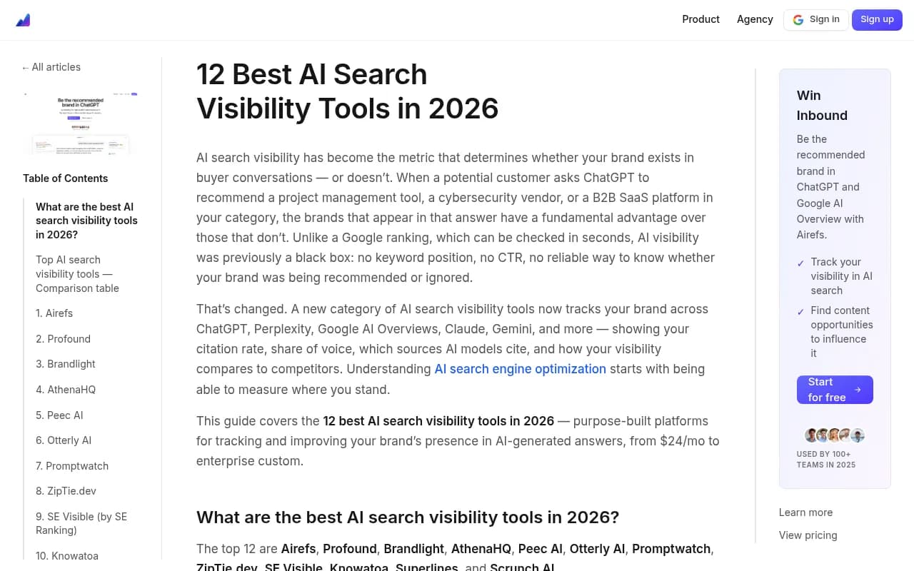 AI search visibility tools comparison table from Airefs