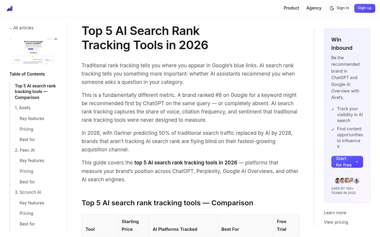 Top 5 AI Search Rank Tracking Tools comparison from Airefs blog