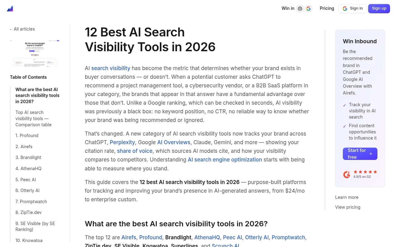 AI search visibility tools comparison overview from Airefs showing the top 12 platforms by feature coverage
