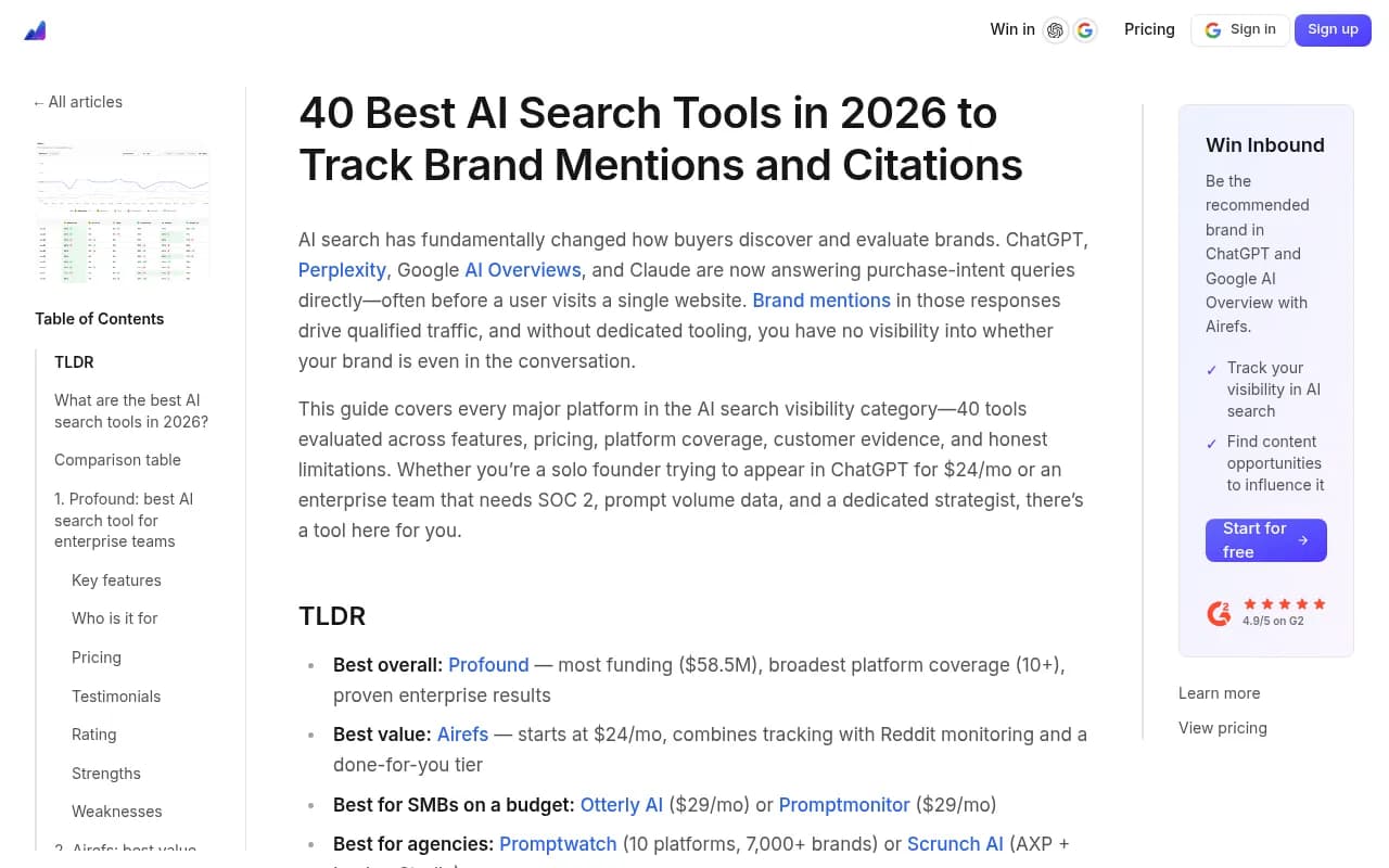 AI search tools comparison overview from Airefs showing the 40 best platforms in 2026