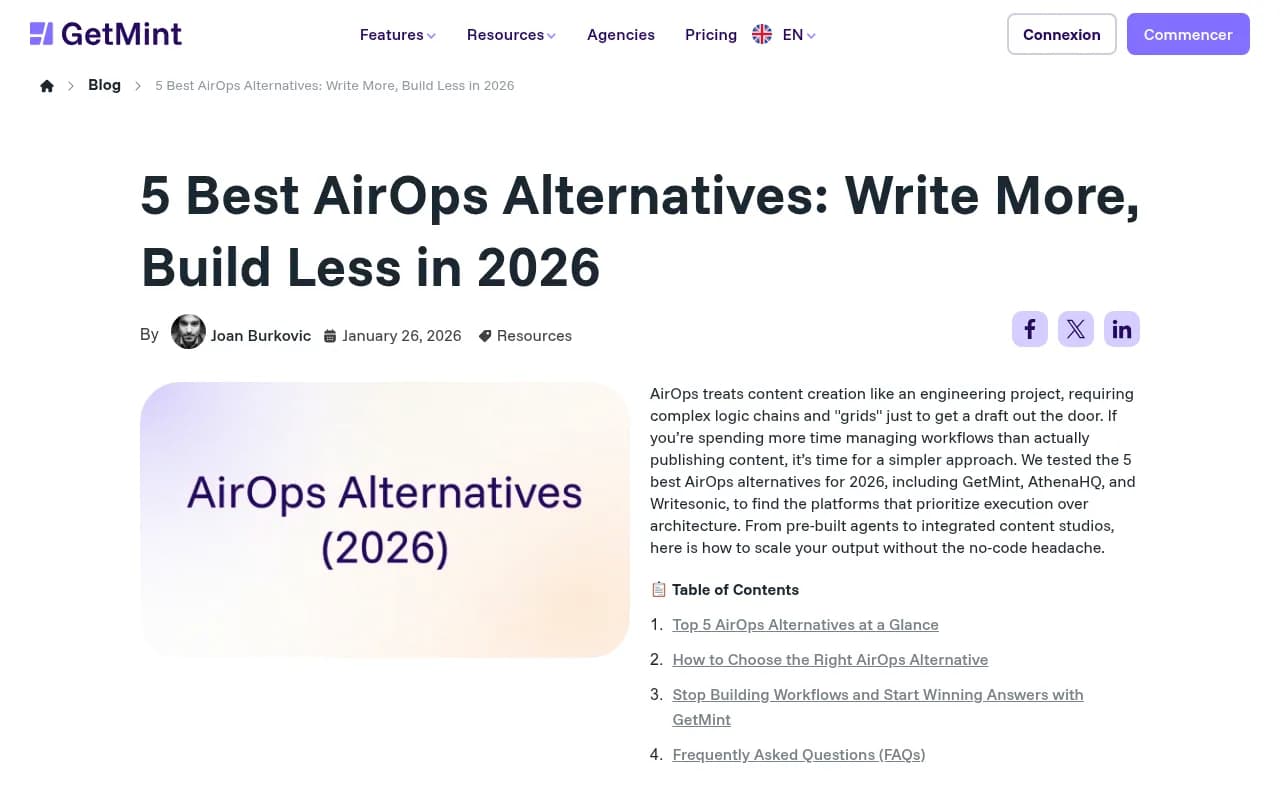 GetMint's AirOps alternatives page showing their GEO-focused positioning