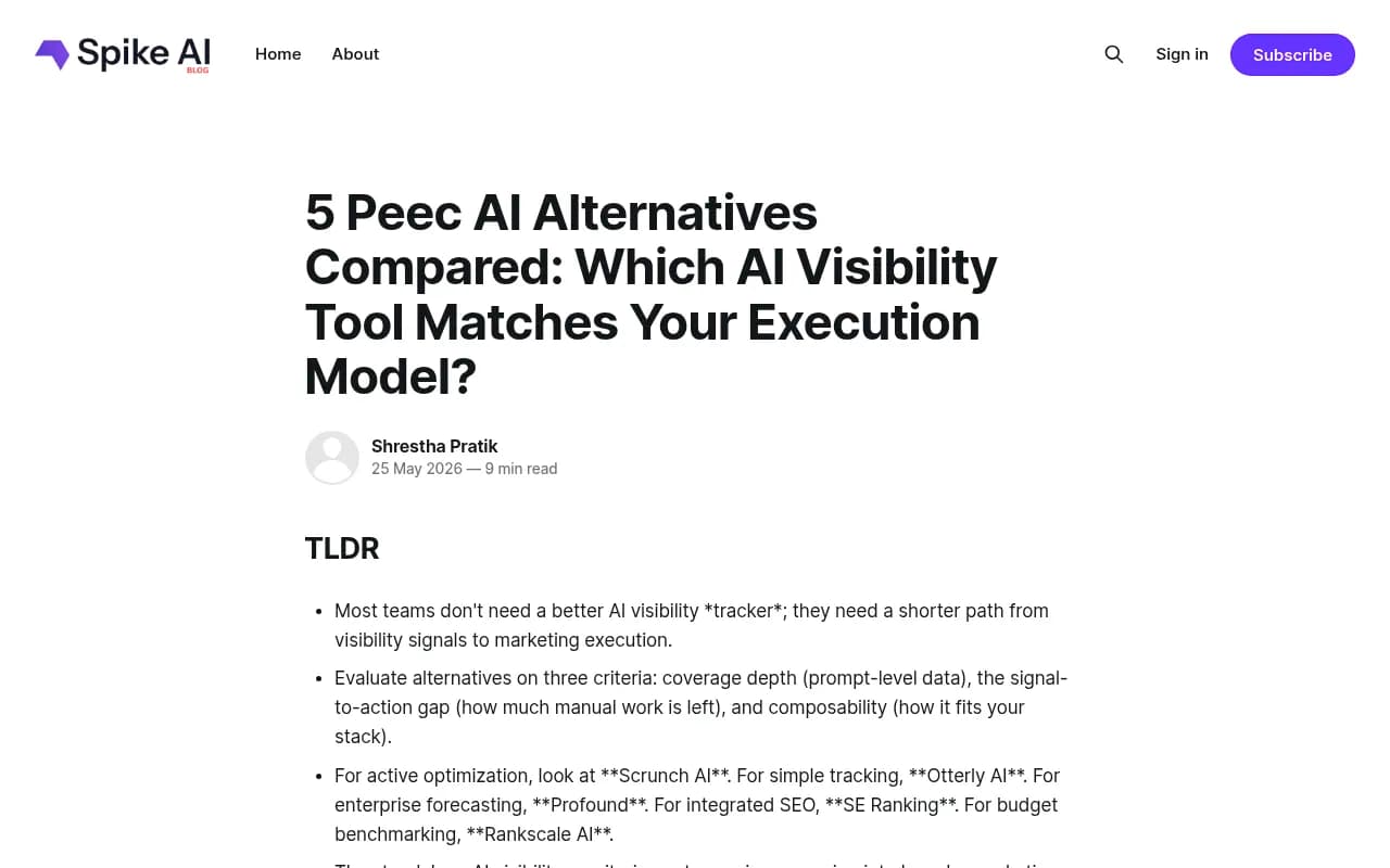 Comparison of Peec.ai alternatives and execution models for AI visibility