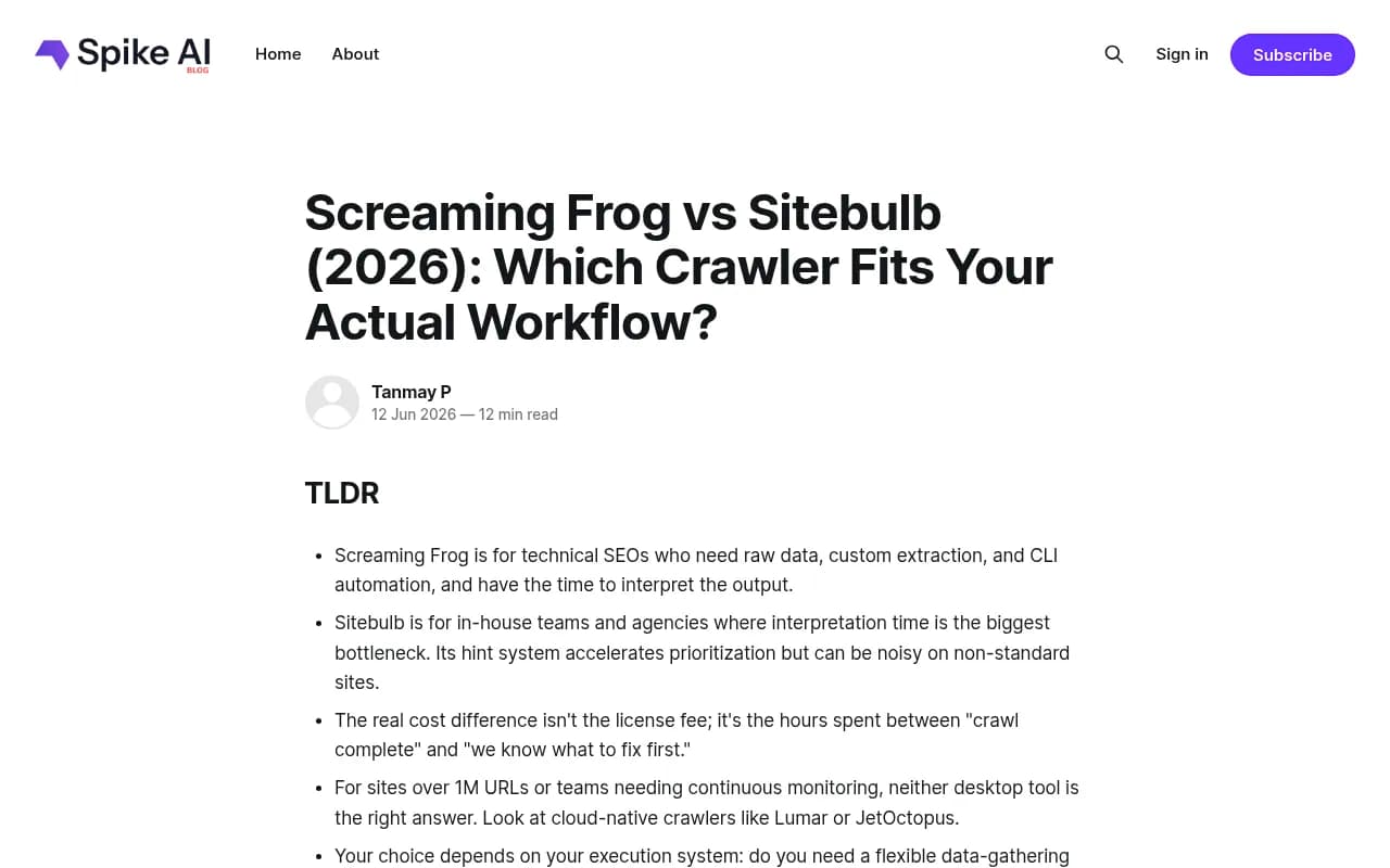 Screaming Frog vs Sitebulb workflow comparison showing the gap between crawl completion and actionable insights