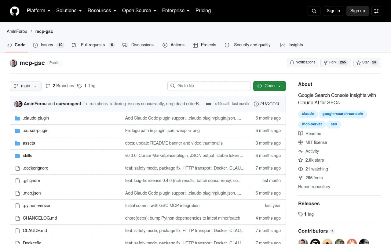 The mcp-gsc GitHub repository, with setup steps for Google credentials and uvx installation