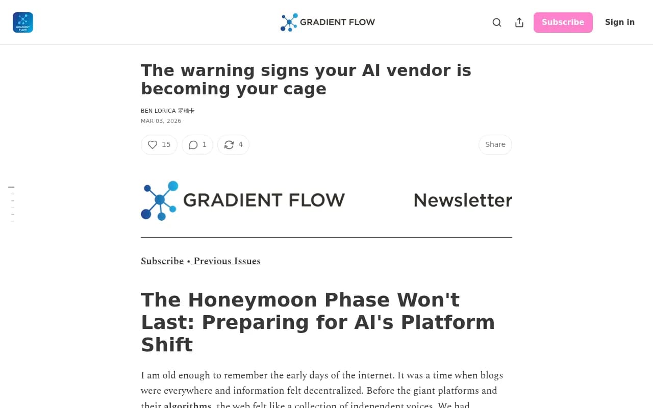 Gradient Flow's essay laying out early warning signs of vendor lock-in, framed against the early internet's platform consolidation