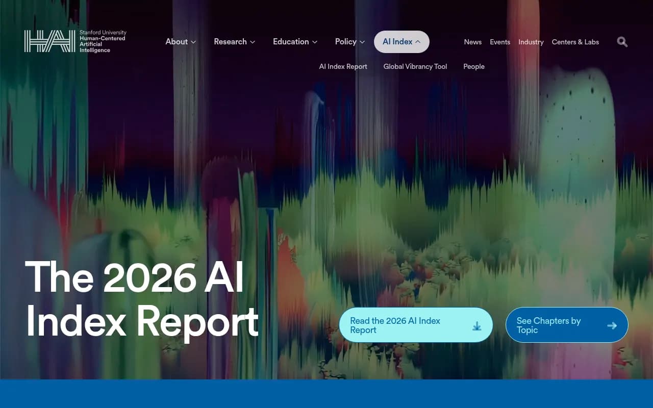 Stanford HAI's 2026 AI Index Report homepage showing top takeaways on AI capability and the closing US-China performance gap