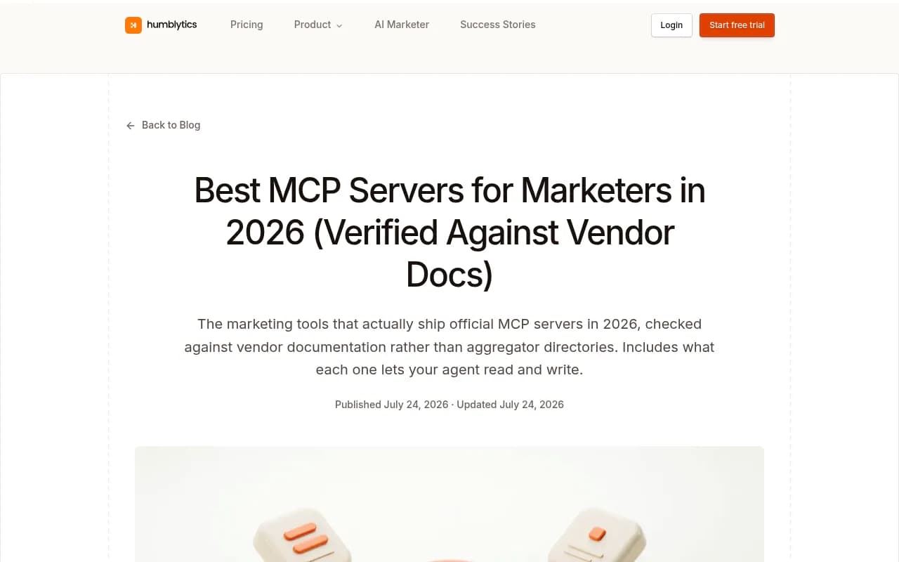 Screenshot of the Humblytics research showing verified vendor MCP documentation for marketing tools