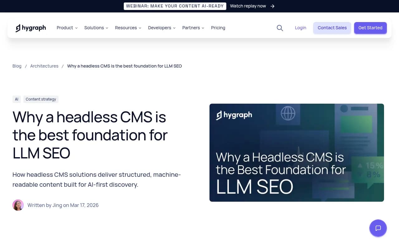 Hygraph's explanation of why headless CMS is better suited for LLM SEO, showing structured content delivery