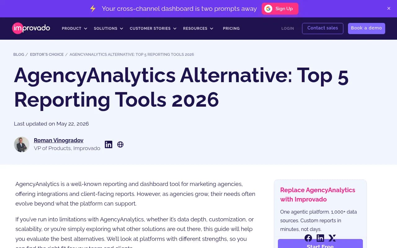Improvado agency reporting comparison guide showing alternatives to AgencyAnalytics
