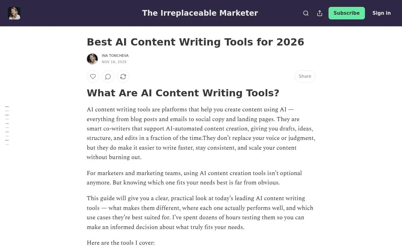 Ina Toncheva's roundup of AI content writing tools, published November 2025