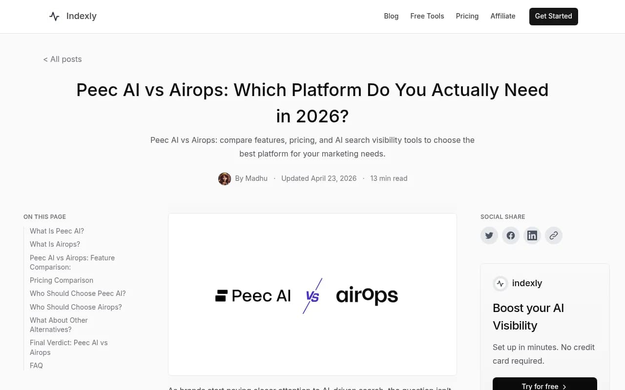 Peec AI vs AirOps comparison covering AI search visibility platforms