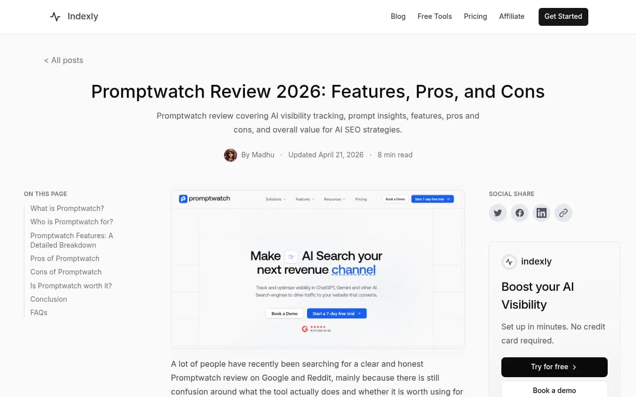 Promptwatch review showing AI visibility tracking features