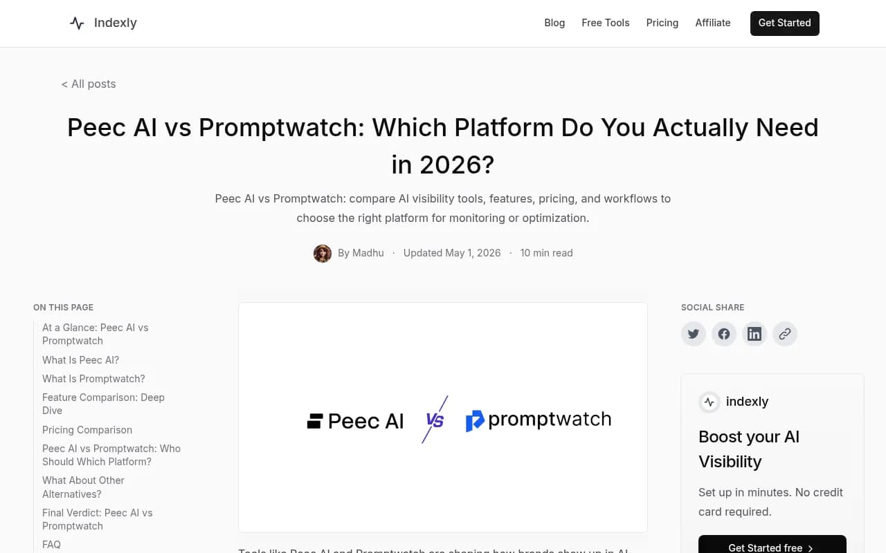 Peec AI vs Promptwatch feature comparison from Indexly.ai