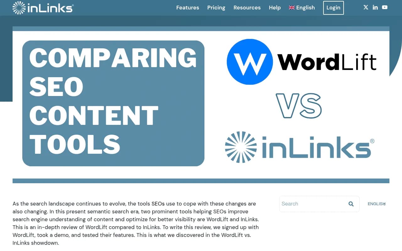 InLinks comparison article showing how the platform stacks up against WordLift