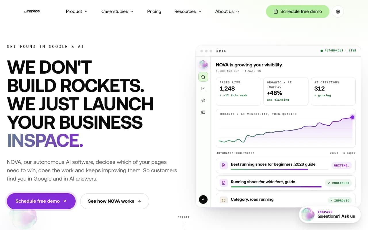 InSpace.io homepage showing the NOVA autonomous SEO platform and case study results