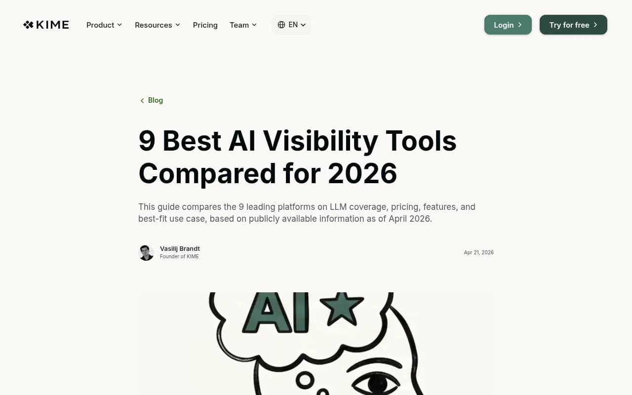 KIME's comparison of the 9 best AI visibility tools for 2026, showing feature coverage across LLM tracking, pricing, and optimization capabilities