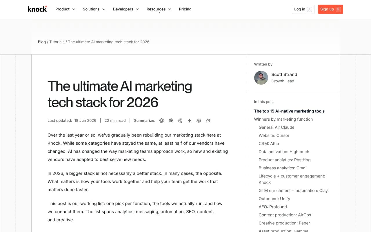 Knock's working AI marketing stack, with one pick per function