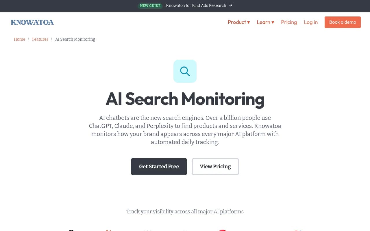 Knowatoa's AI search monitoring feature page, showing the seven AI platforms it tracks